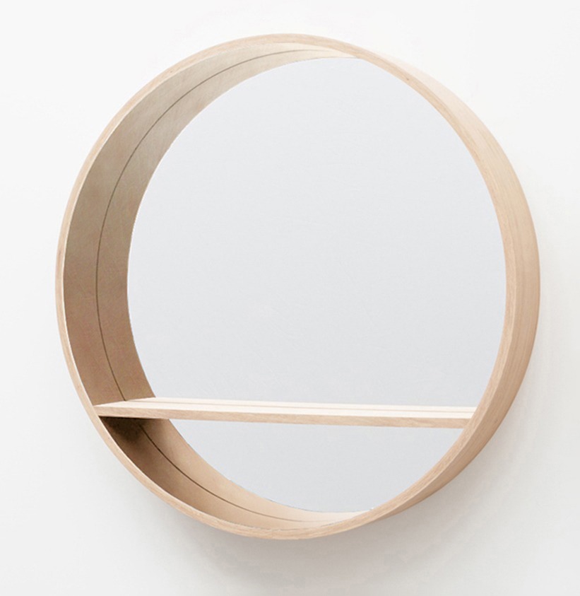 grand miroir-console rond en bois chêne clair naturel 125